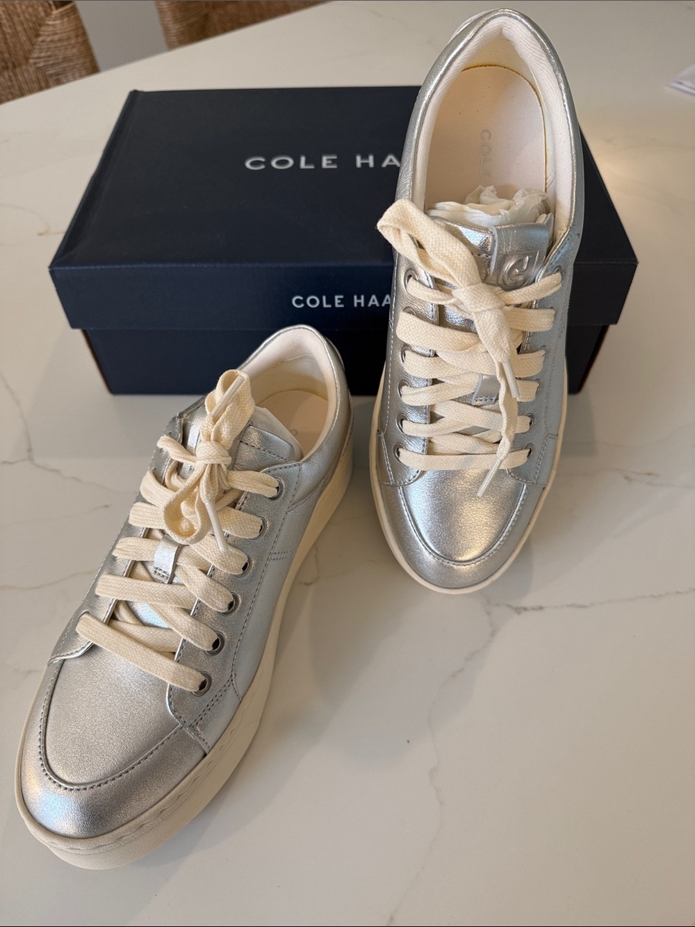 Cole Haan Silver Metallic Low-Top Leather Sneakers